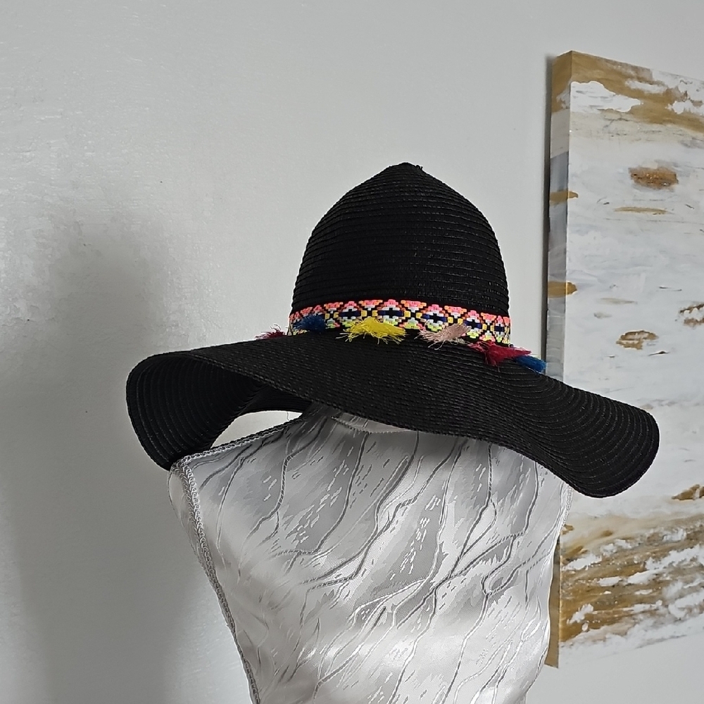 Red and Black Wide Brim Hat with Decorative Trim